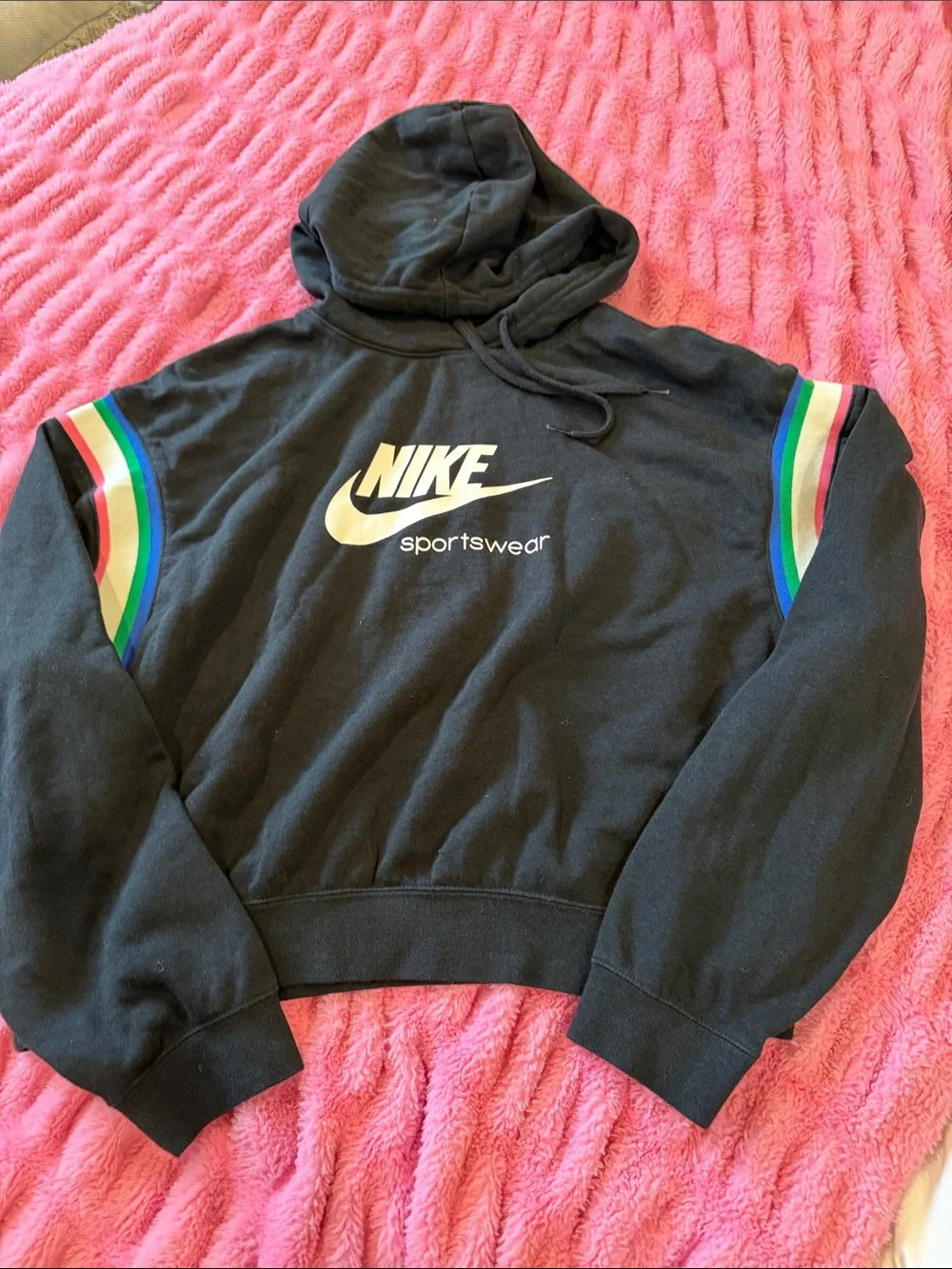 Nike Black Hoodie with Rainbow Sleeve Stripes